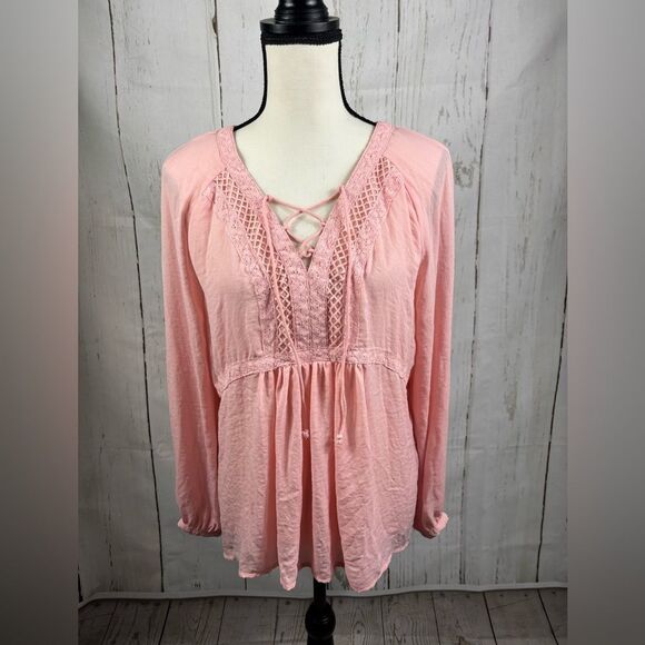 a.n.a. A New Approach Pink Romantic Blouse Crochet Lace Long Sleeve V-Neck Tie - Picture 6 of 6